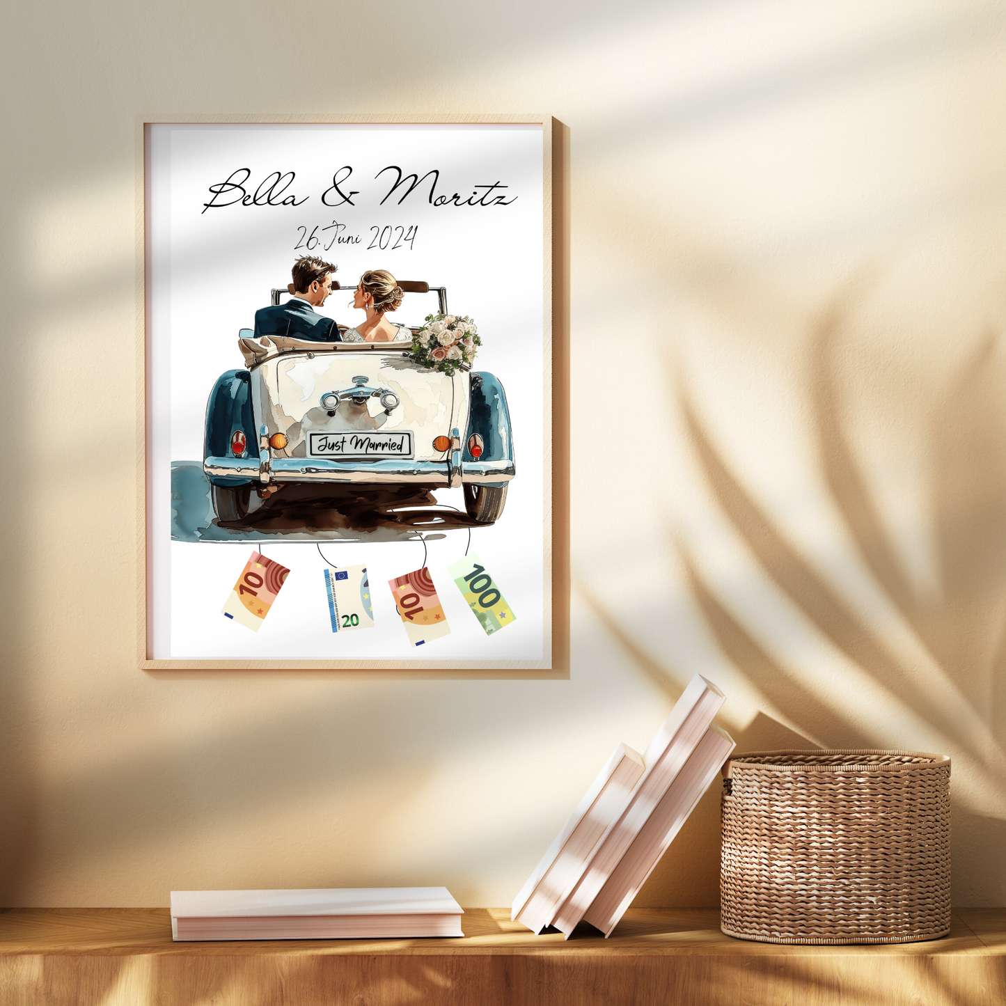 Personalisierbares Geldgeschenk zur Hochzeit – Braut & Bräutigam im weißen Auto als Digitaler Download. Einfach ausdrucken & Geldscheine befestigen.