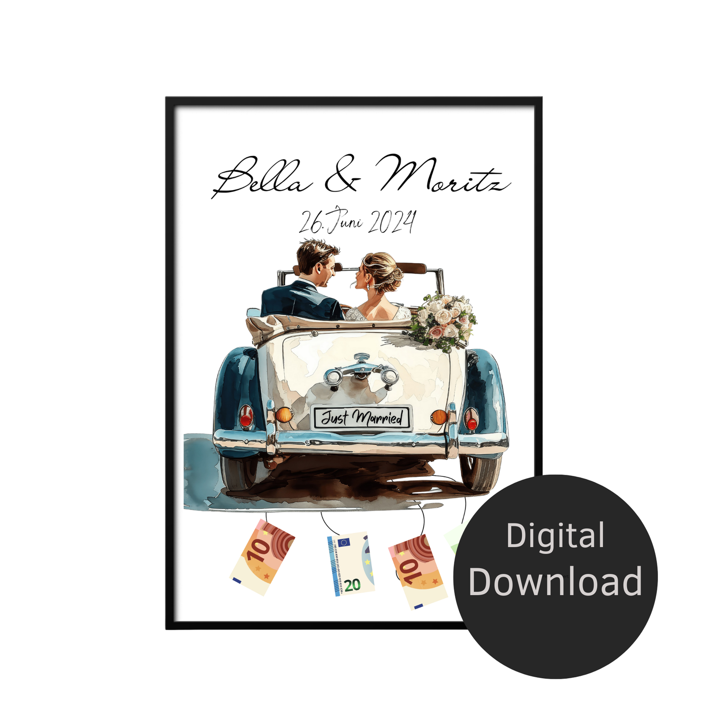 Personalisierbares Geldgeschenk zur Hochzeit – Braut & Bräutigam im weißen Auto als Digitaler Download. Einfach ausdrucken & Geldscheine befestigen.