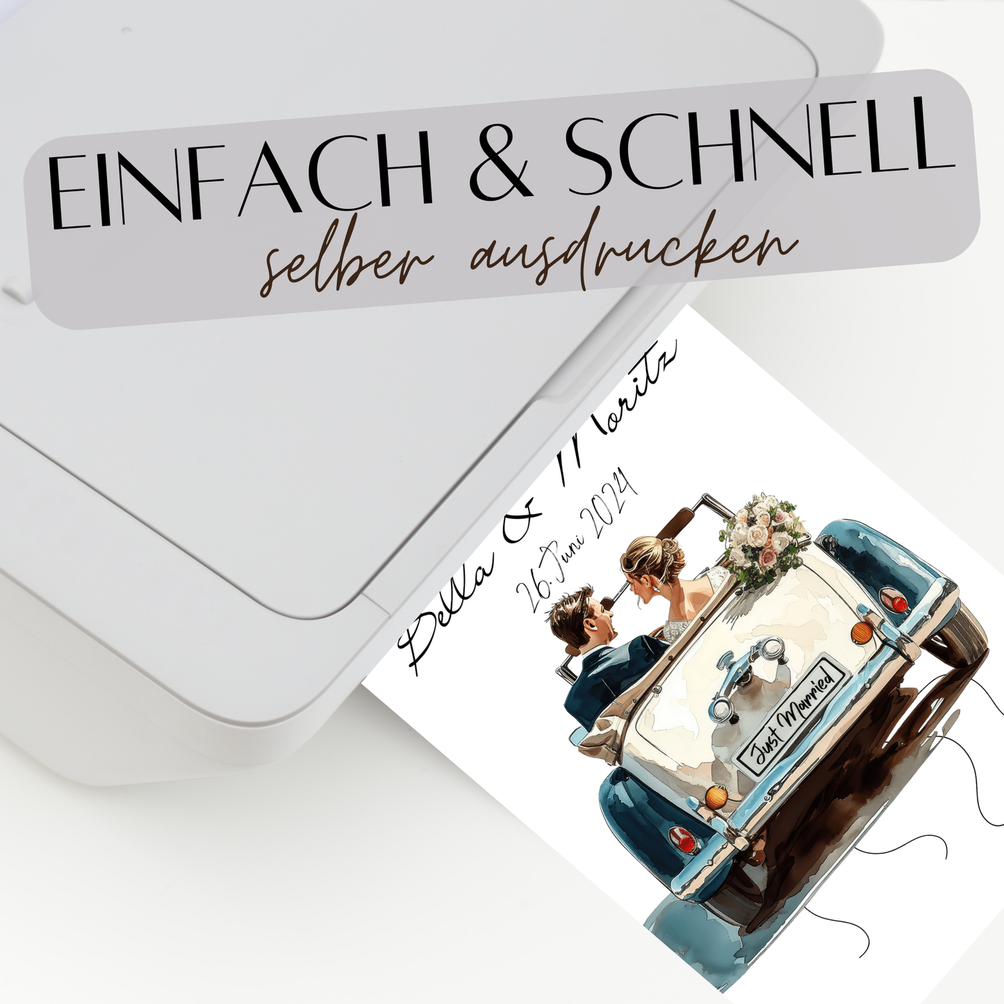 Personalisierbares Geldgeschenk zur Hochzeit – Braut & Bräutigam im weißen Auto als Digitaler Download. Einfach ausdrucken & Geldscheine befestigen.