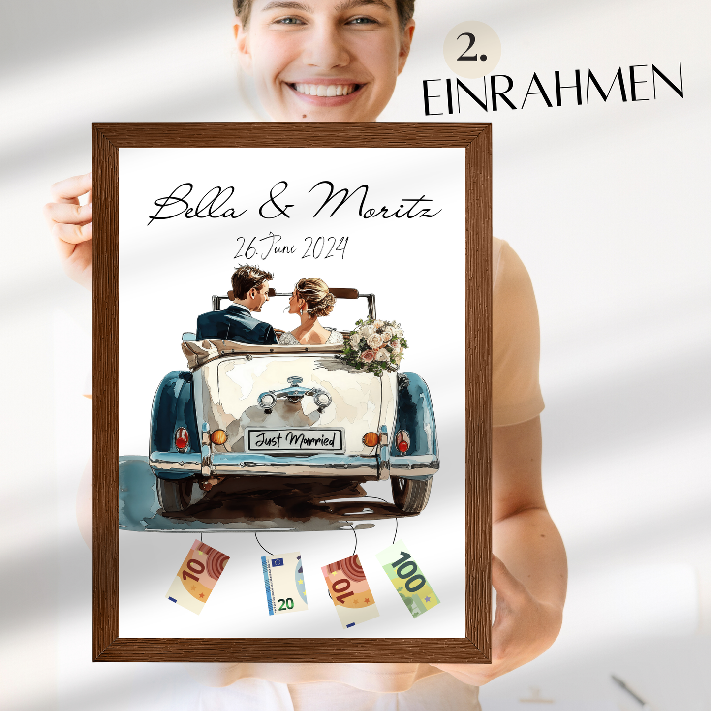 Personalisierbares Geldgeschenk zur Hochzeit – Braut & Bräutigam im weißen Auto als Digitaler Download. Einfach ausdrucken & Geldscheine befestigen.