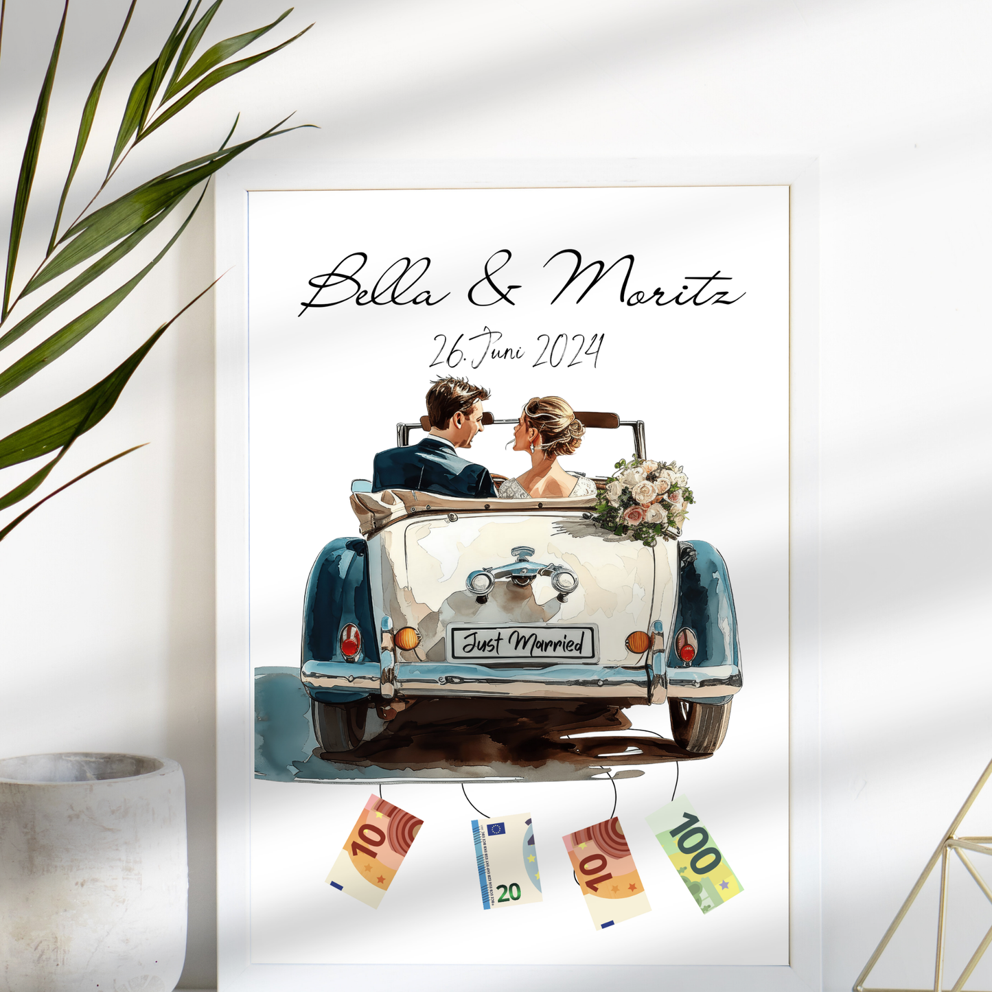 Personalisierbares Geldgeschenk zur Hochzeit – Braut & Bräutigam im weißen Auto als Digitaler Download. Einfach ausdrucken & Geldscheine befestigen.