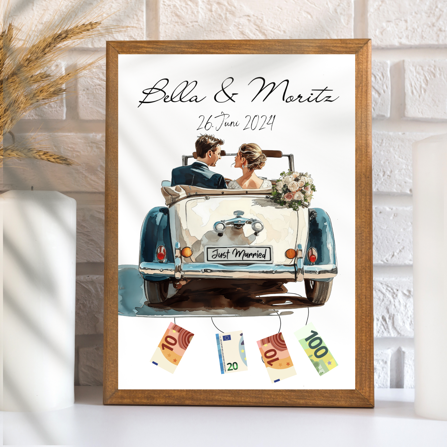 Personalisierbares Geldgeschenk zur Hochzeit – Braut & Bräutigam im weißen Auto als Digitaler Download. Einfach ausdrucken & Geldscheine befestigen.