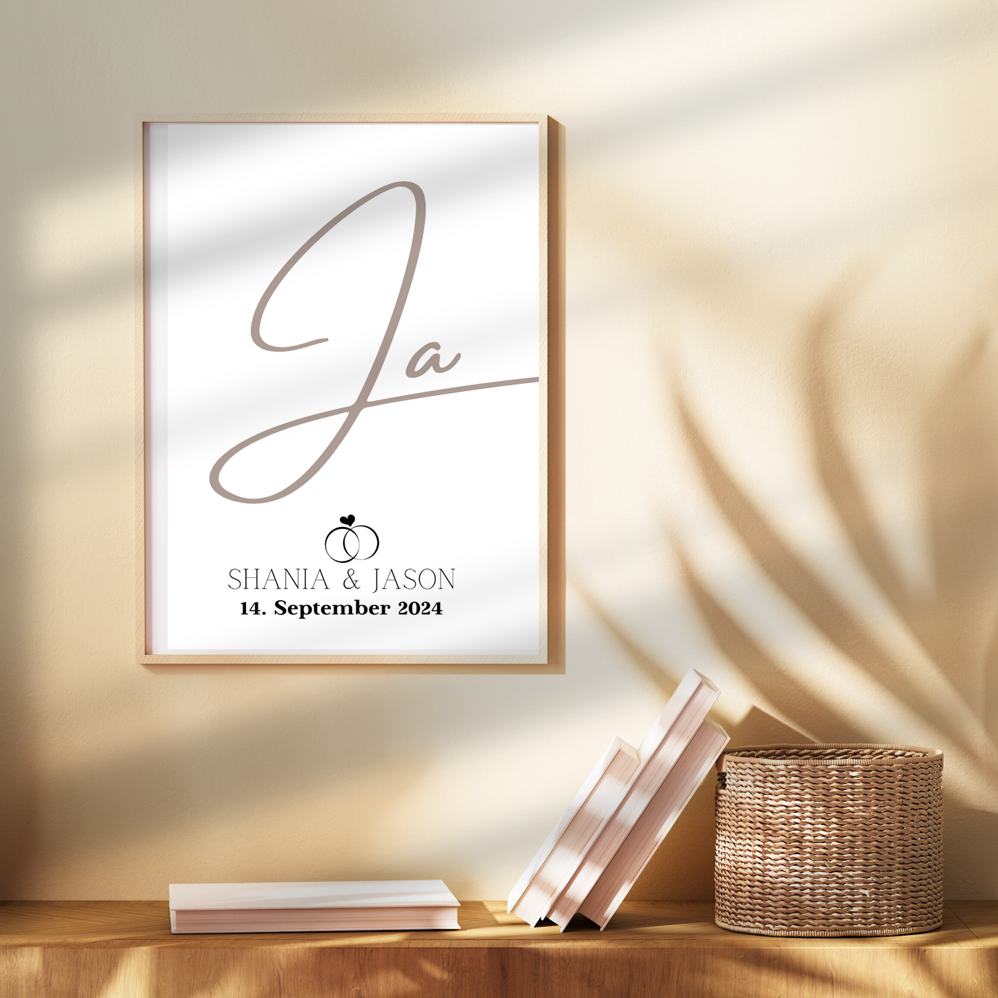 Personalisierte Hochzeitsvorlage „JA“ als Digitaler Download. Last Minute Geschenkidee mit Namen & Datum – einfach ausdrucken & einrahmen.