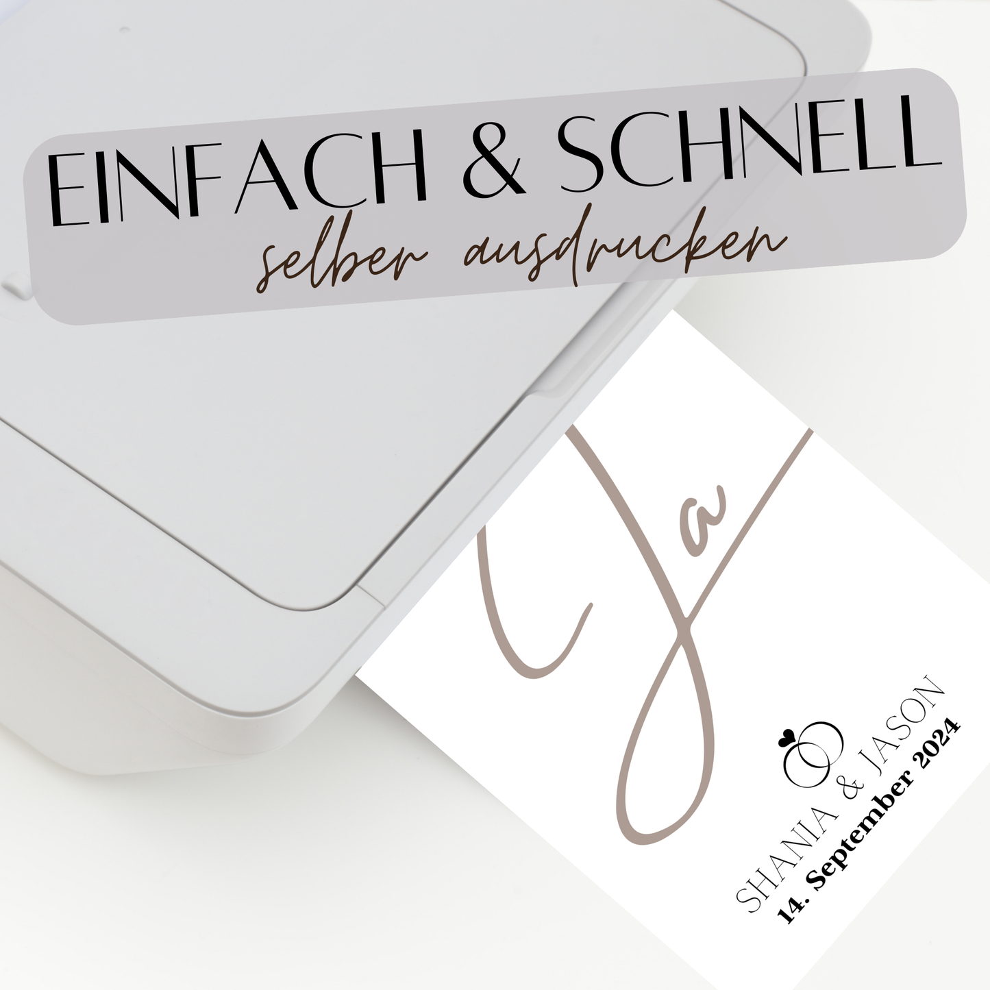 Personalisierte Hochzeitsvorlage „JA“ als Digitaler Download. Last Minute Geschenkidee mit Namen & Datum – einfach ausdrucken & einrahmen.