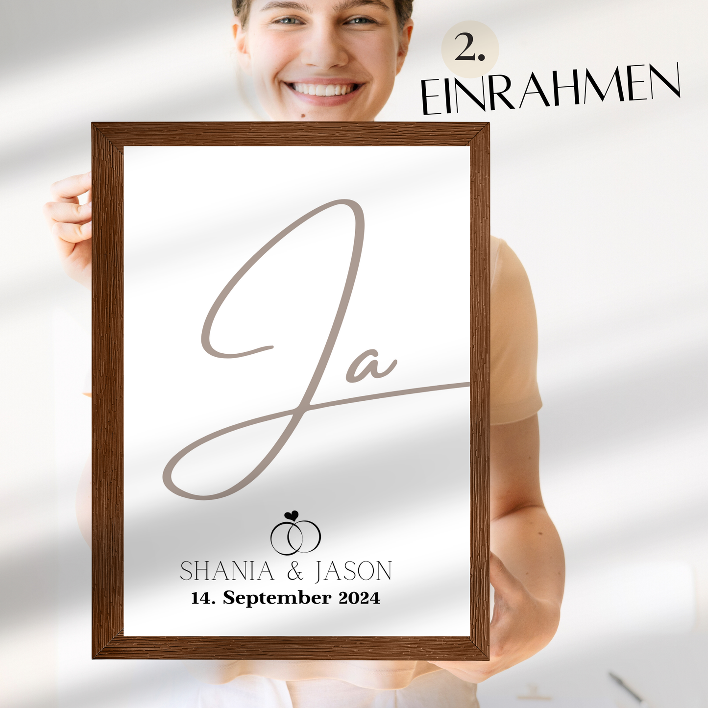 Personalisierte Hochzeitsvorlage „JA“ als Digitaler Download. Last Minute Geschenkidee mit Namen & Datum – einfach ausdrucken & einrahmen.