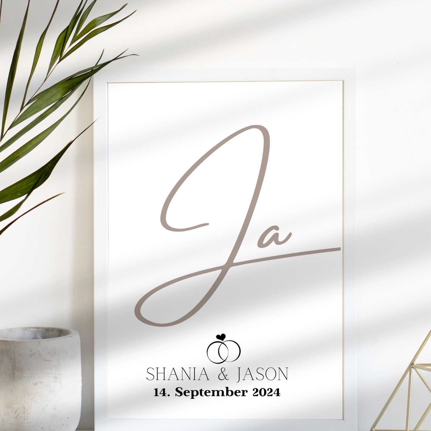 Personalisierte Hochzeitsvorlage „JA“ als Digitaler Download. Last Minute Geschenkidee mit Namen & Datum – einfach ausdrucken & einrahmen.