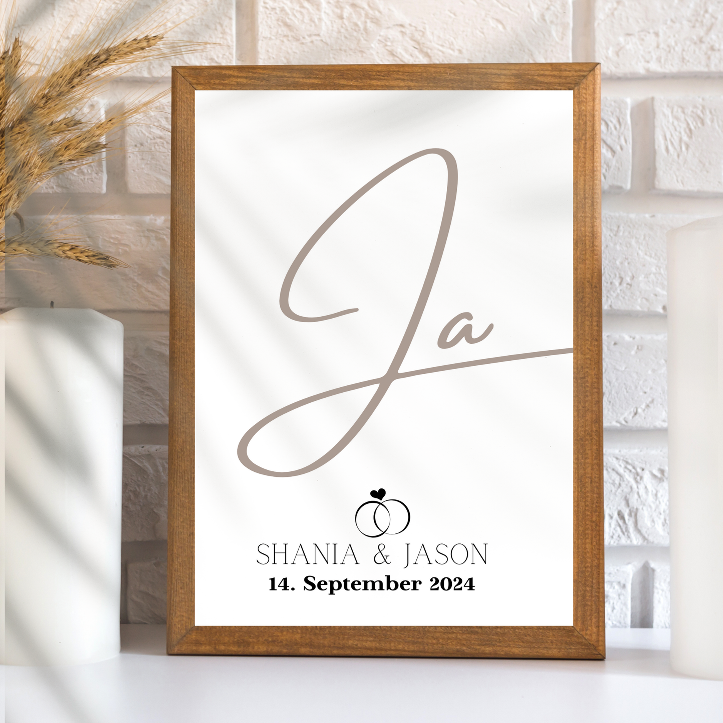 Personalisierte Hochzeitsvorlage „JA“ als Digitaler Download. Last Minute Geschenkidee mit Namen & Datum – einfach ausdrucken & einrahmen.