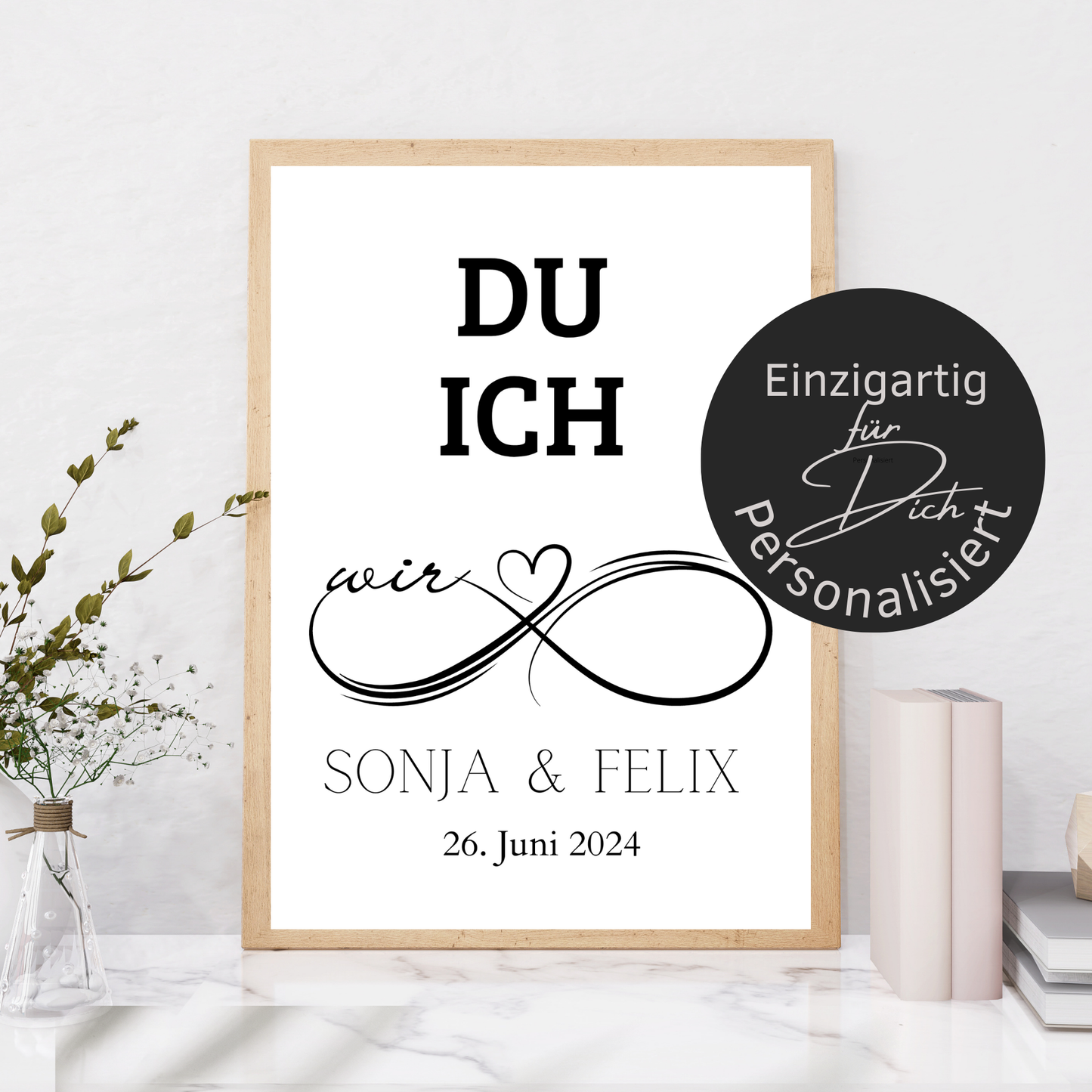 Personalisierbares Hochzeitsposter „DU ICH WIR“ mit Name & Datum. Digitaler Download – einfach ausdrucken & verschenken. Perfekt als Last-Minute-Geschenk.