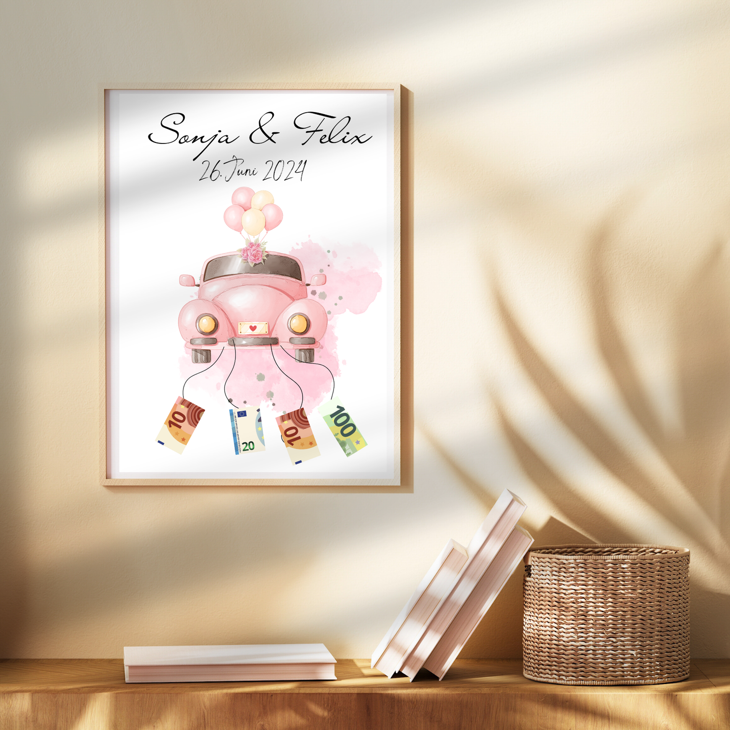 Personalisiertes Geldgeschenk Hochzeit mit rosa Hochzeitsauto als Digitaler Download. Last Minute, individuell mit Namen & Datum – sofort ausdrucken.