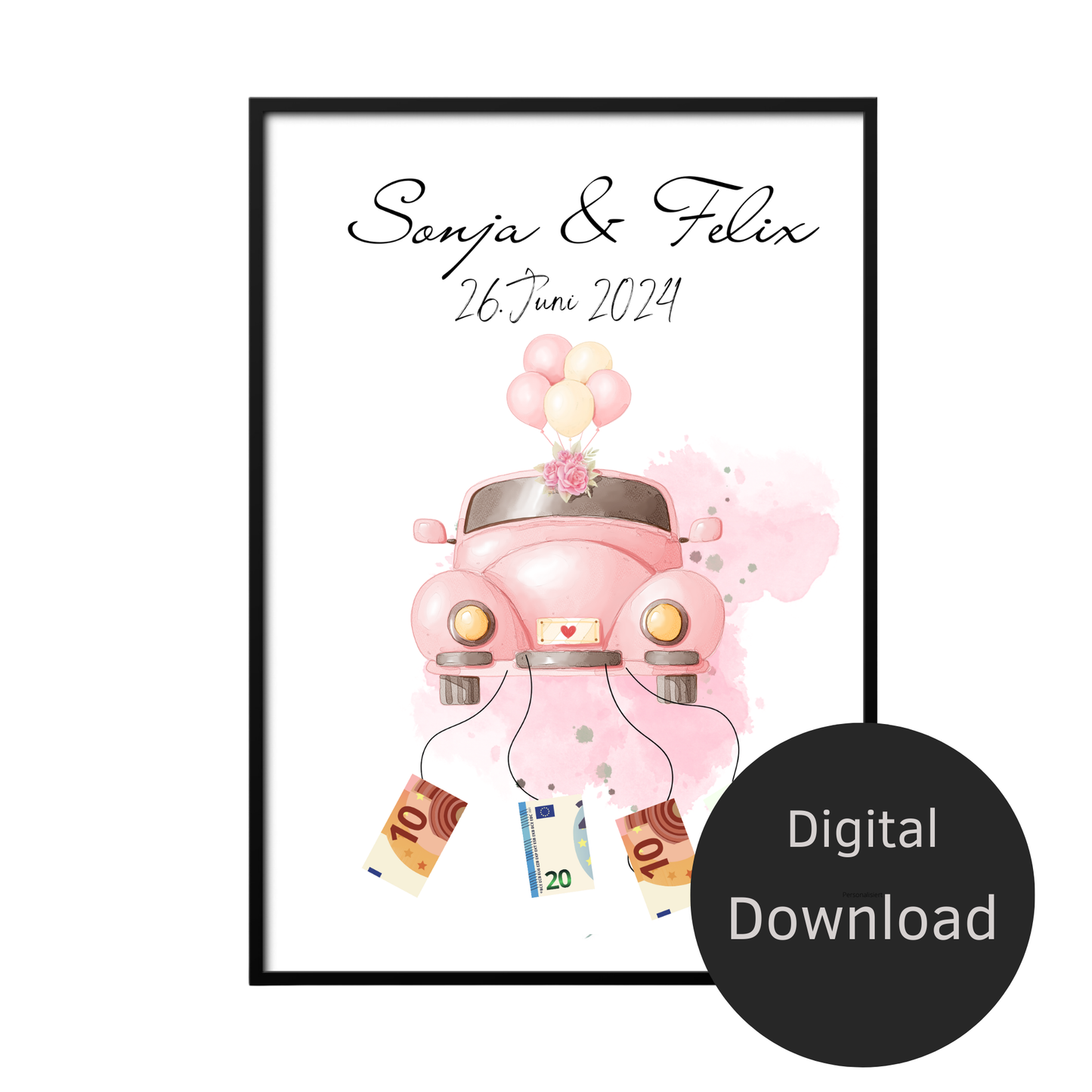 Personalisiertes Geldgeschenk Hochzeit mit rosa Hochzeitsauto als Digitaler Download. Last Minute, individuell mit Namen & Datum – sofort ausdrucken.