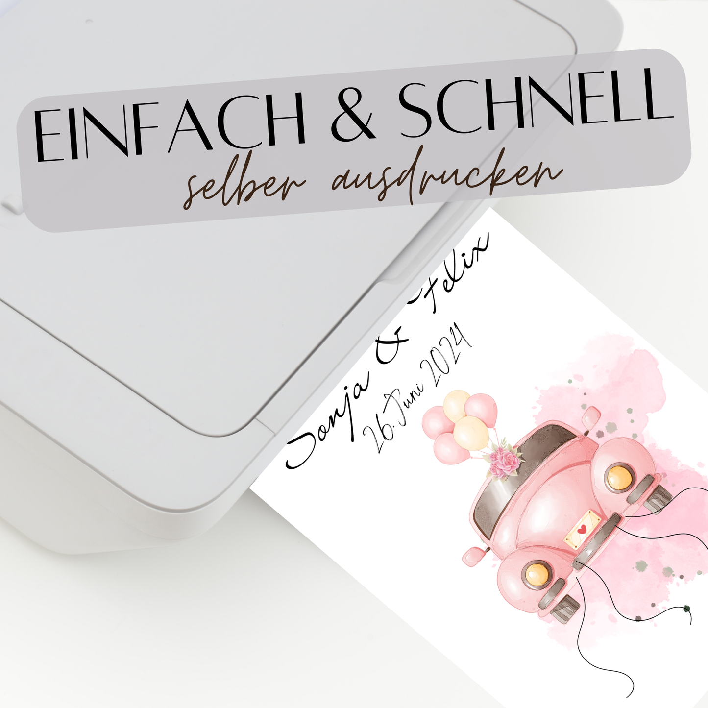 Personalisiertes Geldgeschenk Hochzeit mit rosa Hochzeitsauto als Digitaler Download. Last Minute, individuell mit Namen & Datum – sofort ausdrucken.