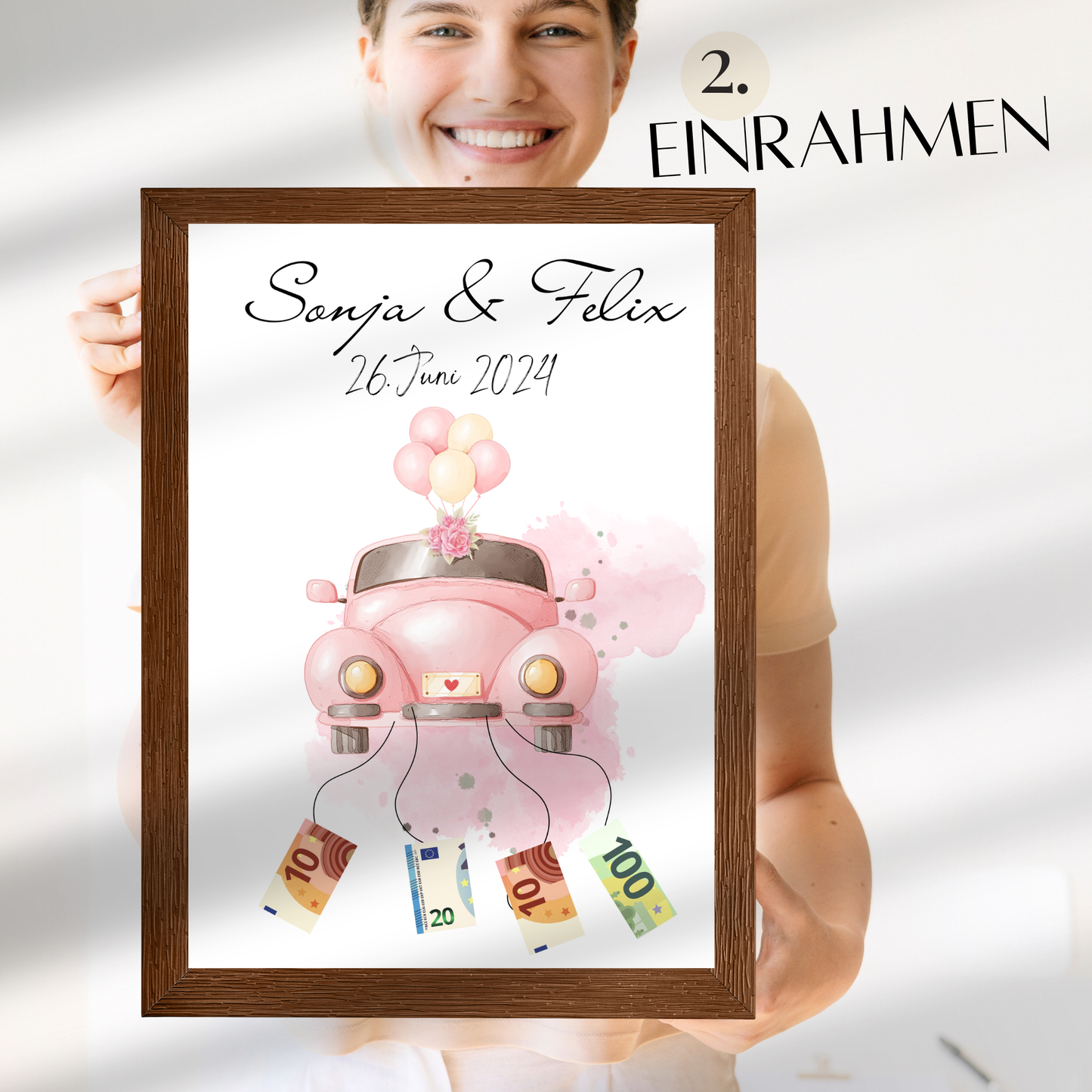 Personalisiertes Geldgeschenk Hochzeit mit rosa Hochzeitsauto als Digitaler Download. Last Minute, individuell mit Namen & Datum – sofort ausdrucken.