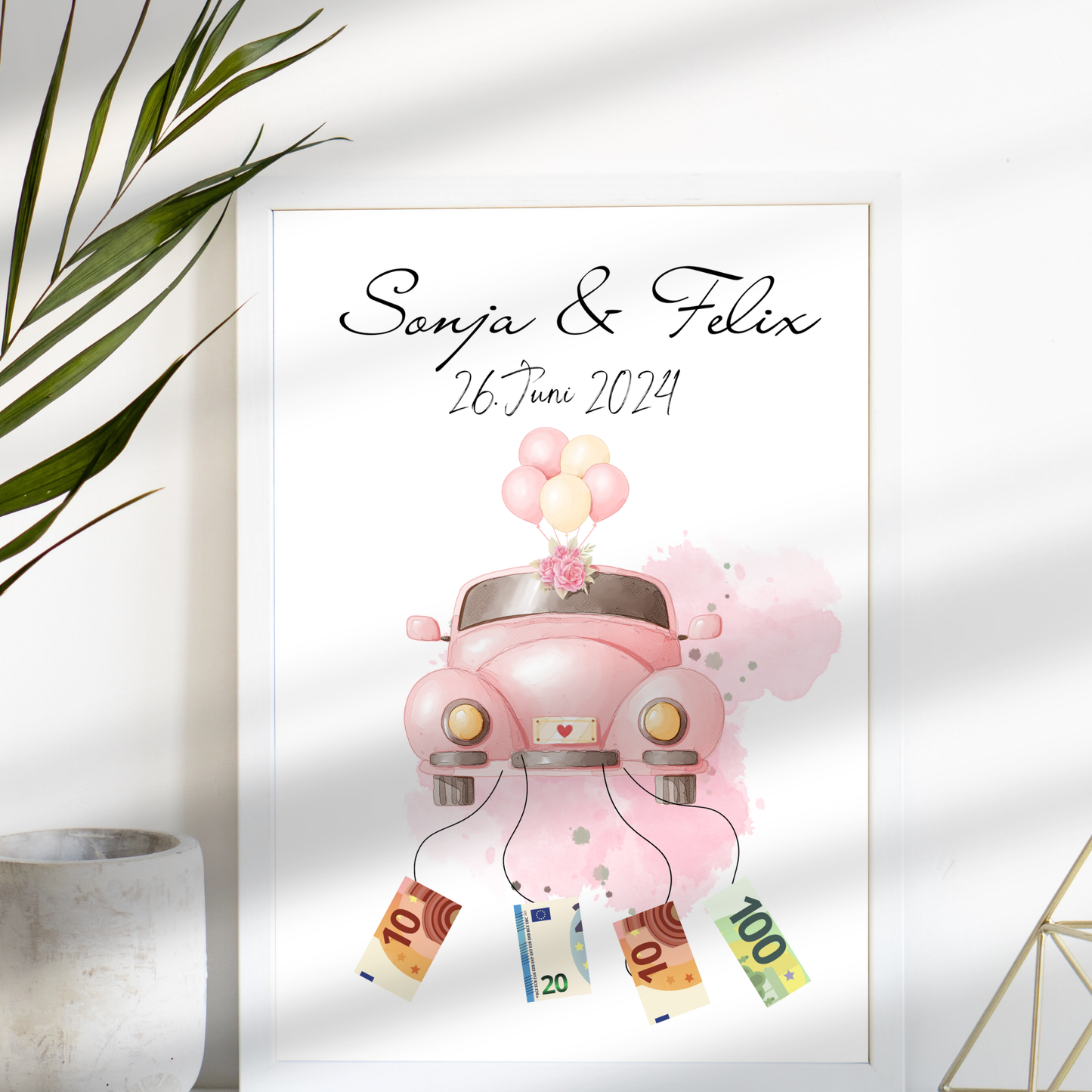 Personalisiertes Geldgeschenk Hochzeit mit rosa Hochzeitsauto als Digitaler Download. Last Minute, individuell mit Namen & Datum – sofort ausdrucken.