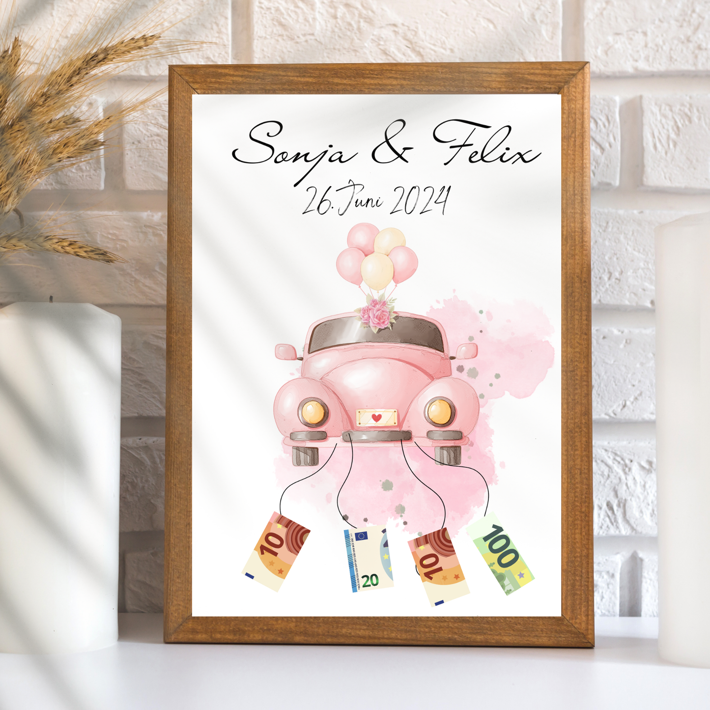 Personalisiertes Geldgeschenk Hochzeit mit rosa Hochzeitsauto als Digitaler Download. Last Minute, individuell mit Namen & Datum – sofort ausdrucken.