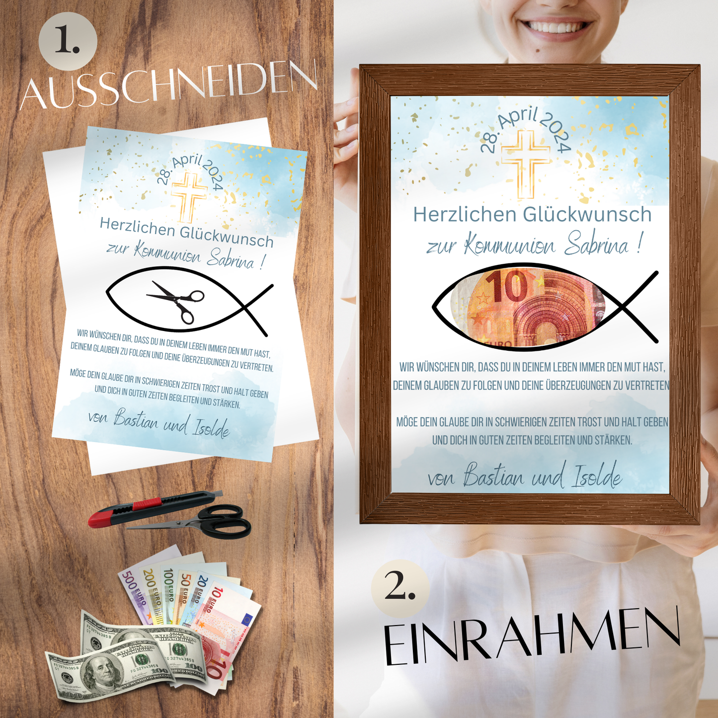 Personalisiertes Geldgeschenk zur Kommunion mit Name & Datum. Digitaler Download zum Ausdrucken. Last-Minute-Geschenkidee – schnell & individuell.