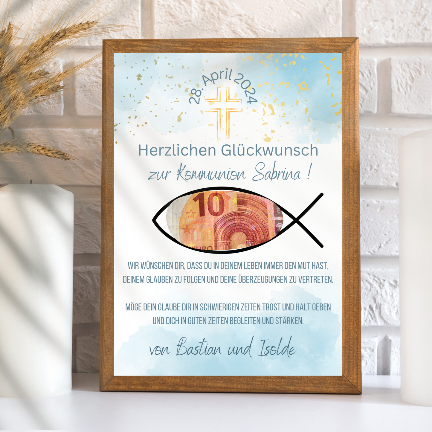 Personalisiertes Geldgeschenk zur Kommunion mit Name & Datum. Digitaler Download zum Ausdrucken. Last-Minute-Geschenkidee – schnell & individuell.