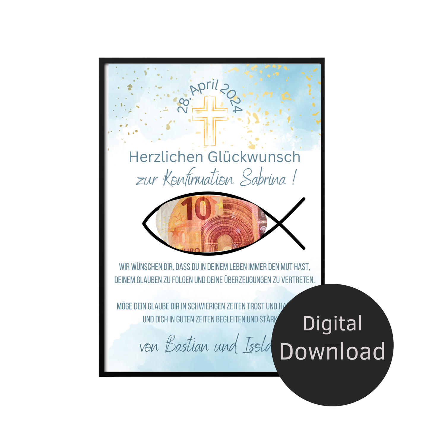 Personalisiertes Geldgeschenk zur Konfirmation. Digitaler Download, Name & Text anpassbar. Sofort ausdrucken – ideales Last-Minute-Geschenk.