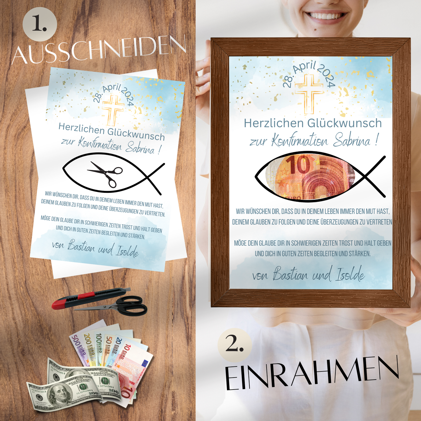 Personalisiertes Geldgeschenk zur Konfirmation. Digitaler Download, Name & Text anpassbar. Sofort ausdrucken – ideales Last-Minute-Geschenk.