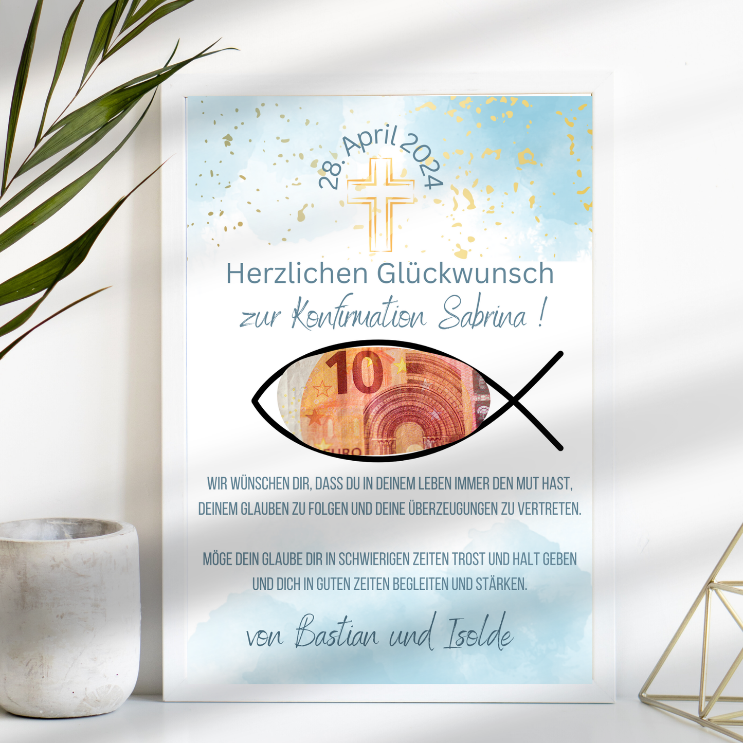 Personalisiertes Geldgeschenk zur Konfirmation. Digitaler Download, Name & Text anpassbar. Sofort ausdrucken – ideales Last-Minute-Geschenk.