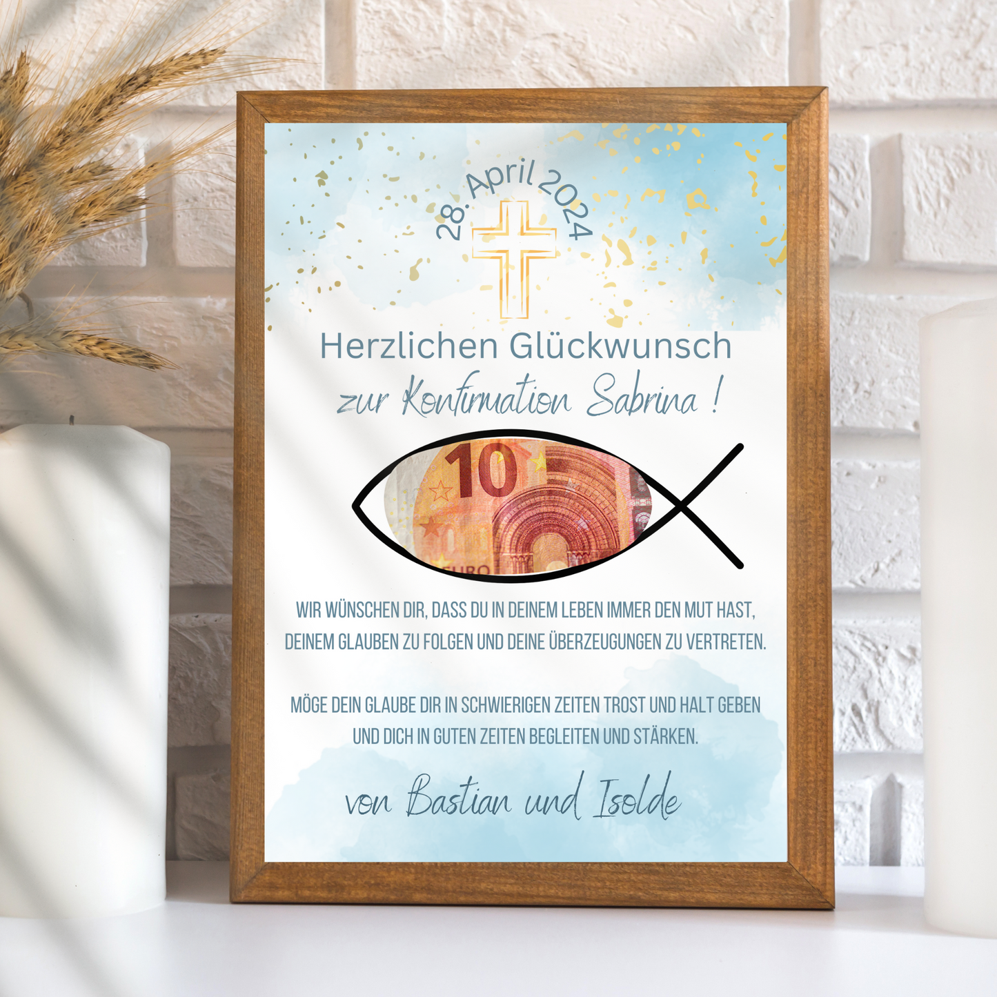 Personalisiertes Geldgeschenk zur Konfirmation. Digitaler Download, Name & Text anpassbar. Sofort ausdrucken – ideales Last-Minute-Geschenk.