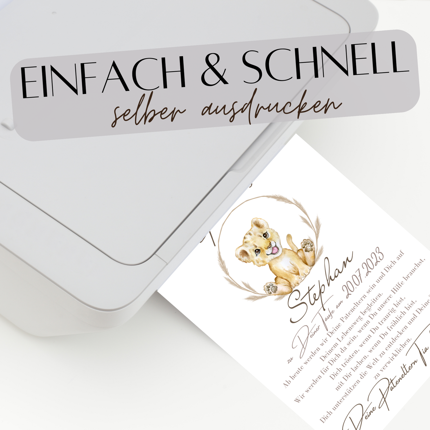 Personalisierter Patenbrief Löwe als PDF – Geschenk zur Taufe für Patenkind. Sofort ausdrucken, einrahmen & verschenken. Last Minute Geschenkidee.