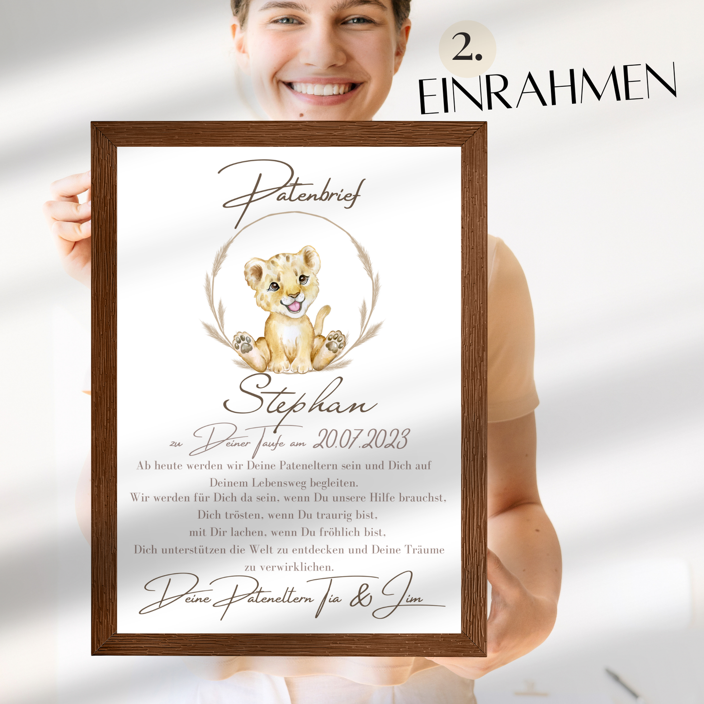 Personalisierter Patenbrief Löwe als PDF – Geschenk zur Taufe für Patenkind. Sofort ausdrucken, einrahmen & verschenken. Last Minute Geschenkidee.