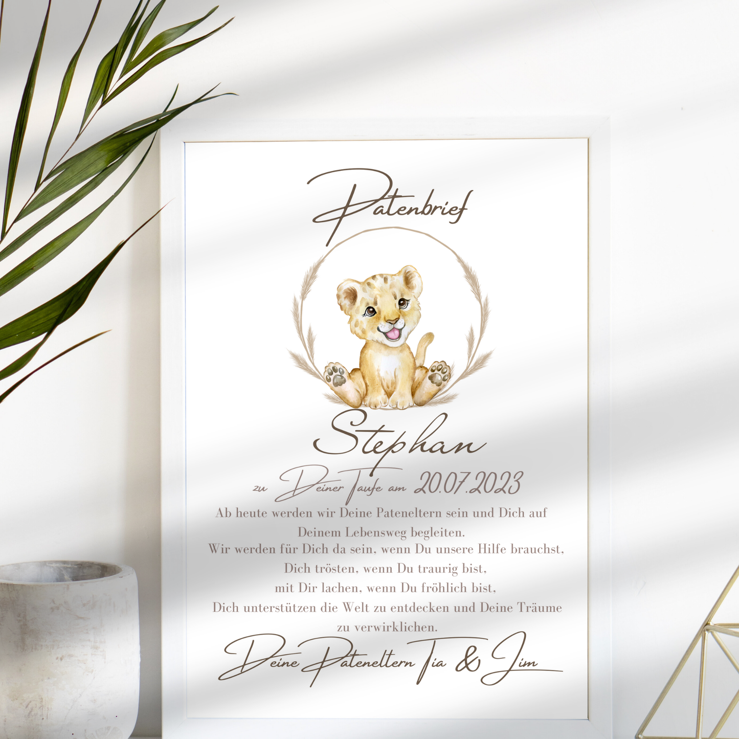 Personalisierter Patenbrief Löwe als PDF – Geschenk zur Taufe für Patenkind. Sofort ausdrucken, einrahmen & verschenken. Last Minute Geschenkidee.