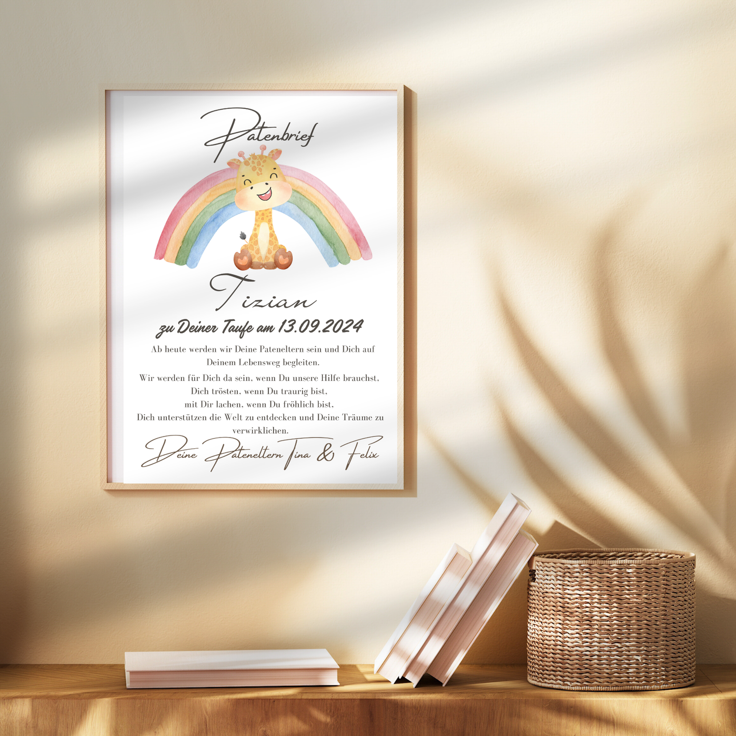 Personalisierter Patenbrief mit Giraffe & Regenbogen zur Taufe oder Geburt. Digitaler Download, Last Minute Geschenk, sofort ausdrucken & verschenken.