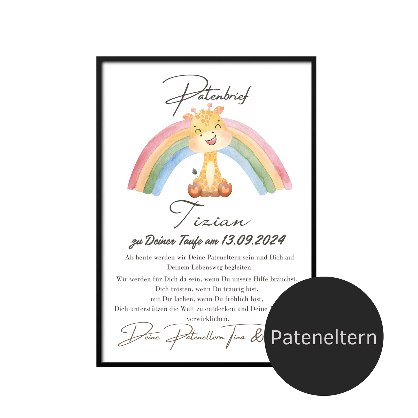 Personalisierter Patenbrief mit Giraffe & Regenbogen zur Taufe oder Geburt. Digitaler Download, Last Minute Geschenk, sofort ausdrucken & verschenken.