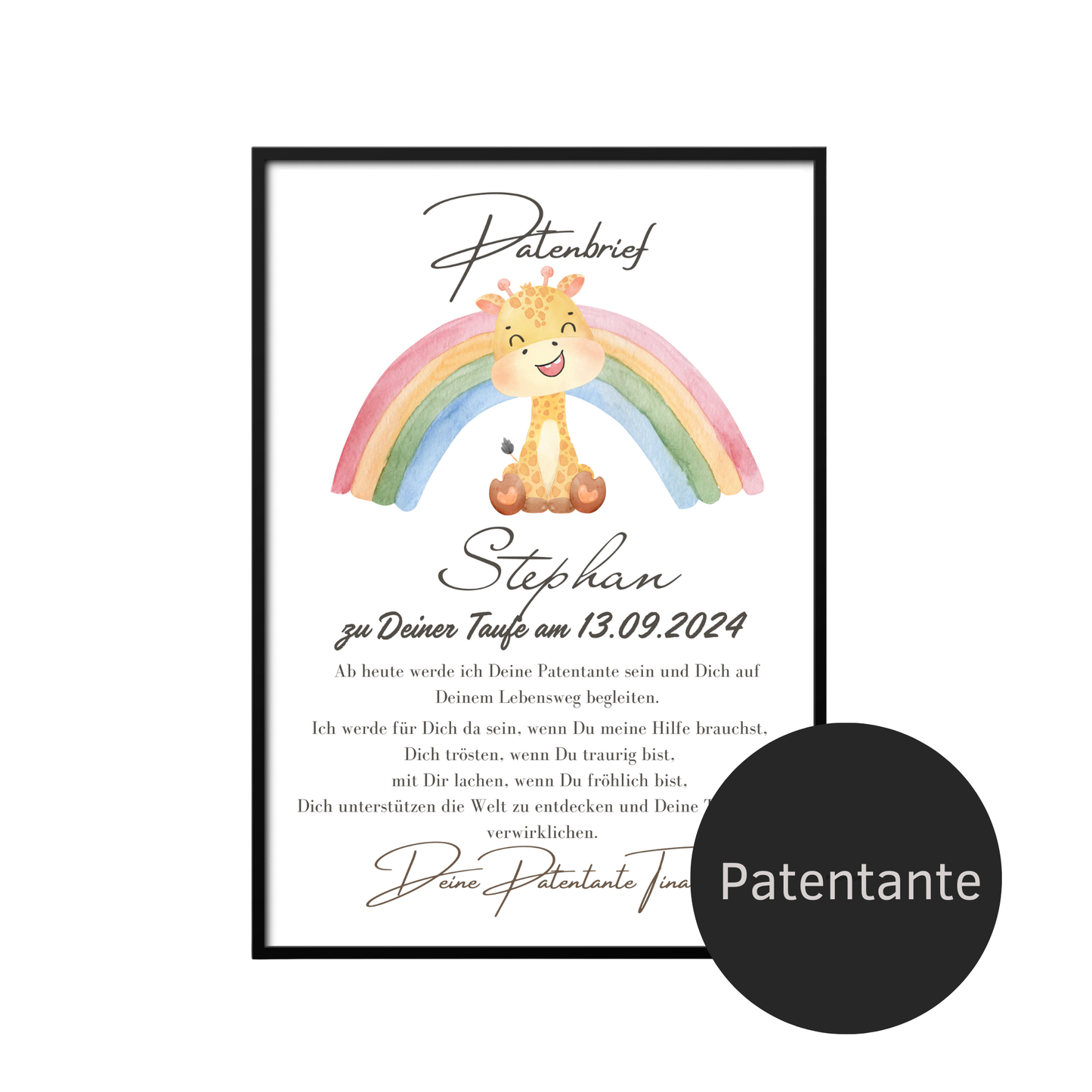 Personalisierter Patenbrief mit Giraffe & Regenbogen zur Taufe oder Geburt. Digitaler Download, Last Minute Geschenk, sofort ausdrucken & verschenken.