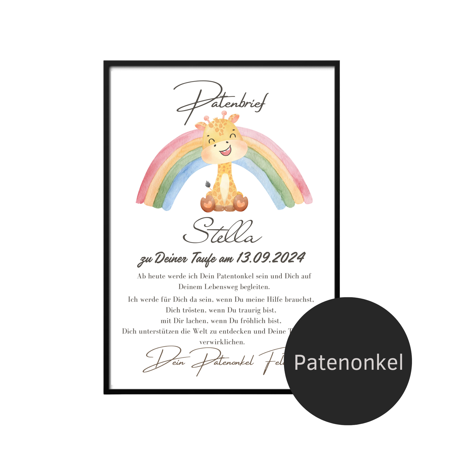 Personalisierter Patenbrief mit Giraffe & Regenbogen zur Taufe oder Geburt. Digitaler Download, Last Minute Geschenk, sofort ausdrucken & verschenken.