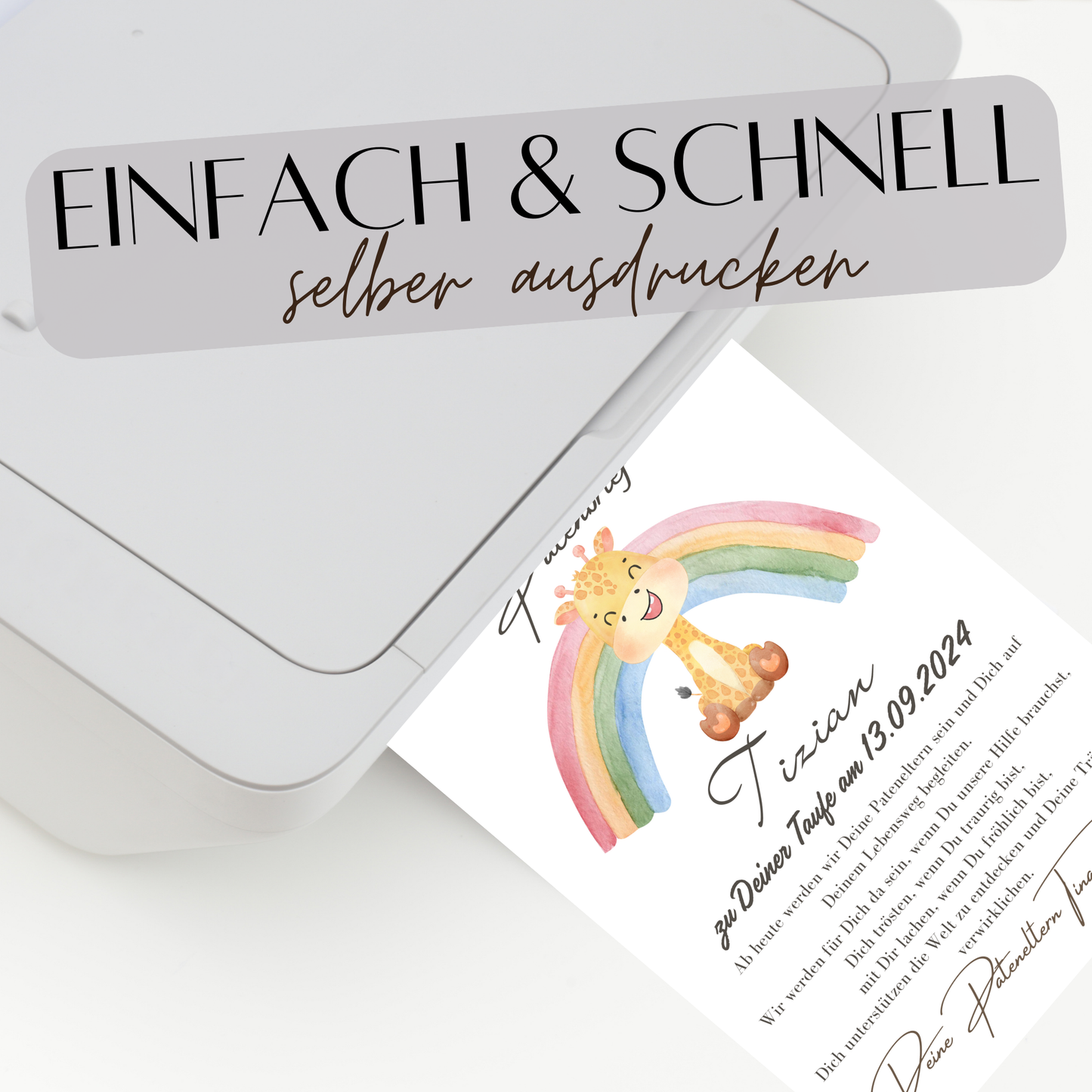Personalisierter Patenbrief mit Giraffe & Regenbogen zur Taufe oder Geburt. Digitaler Download, Last Minute Geschenk, sofort ausdrucken & verschenken.