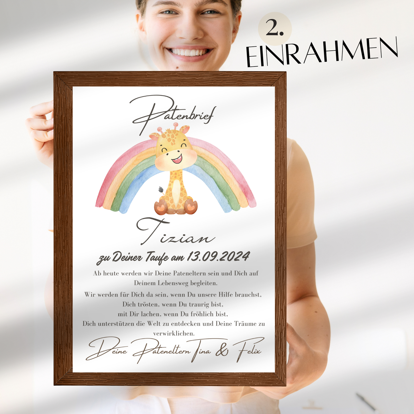 Personalisierter Patenbrief mit Giraffe & Regenbogen zur Taufe oder Geburt. Digitaler Download, Last Minute Geschenk, sofort ausdrucken & verschenken.