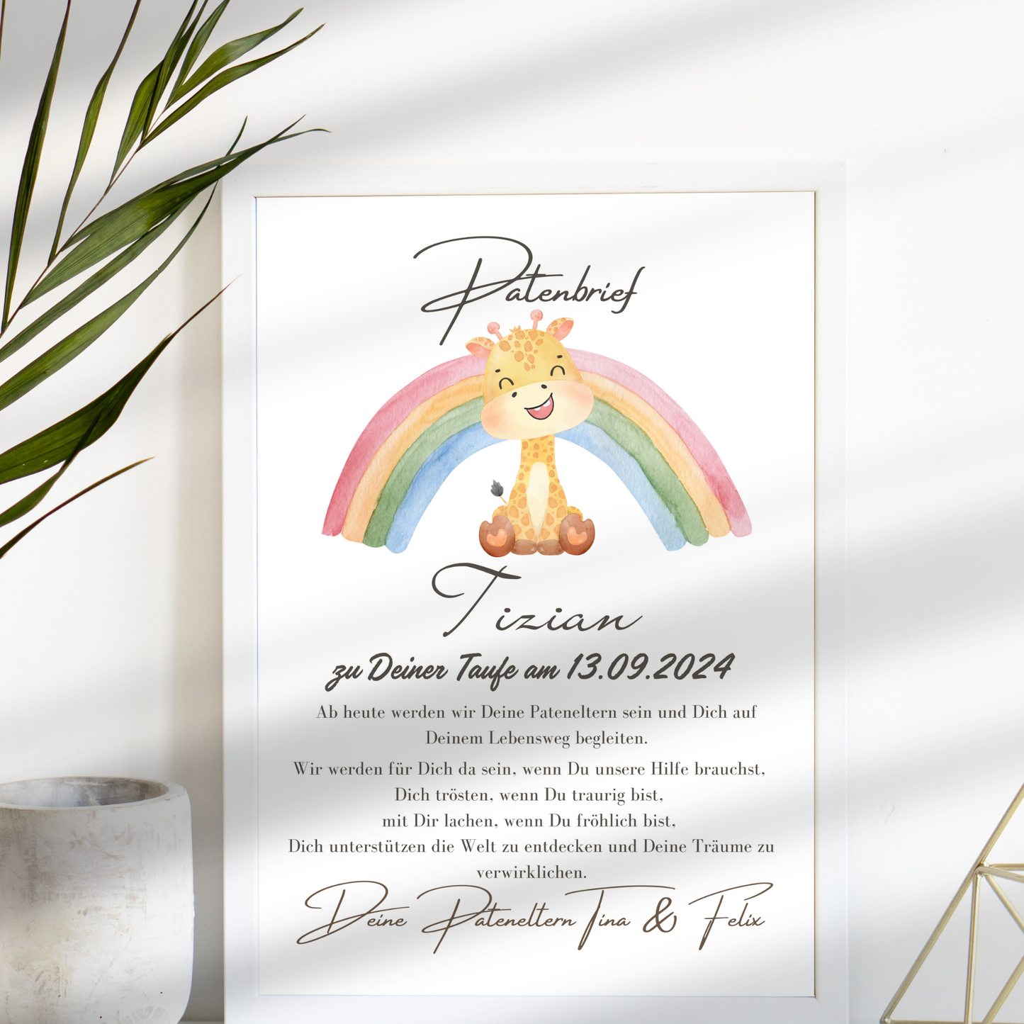 Personalisierter Patenbrief mit Giraffe & Regenbogen zur Taufe oder Geburt. Digitaler Download, Last Minute Geschenk, sofort ausdrucken & verschenken.