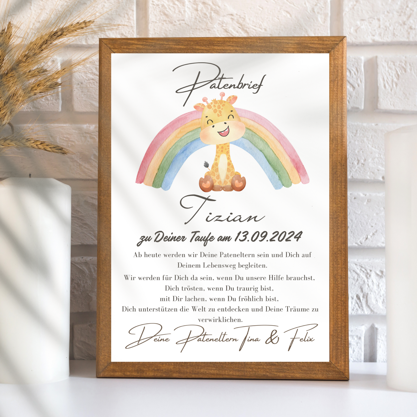 Personalisierter Patenbrief mit Giraffe & Regenbogen zur Taufe oder Geburt. Digitaler Download, Last Minute Geschenk, sofort ausdrucken & verschenken.