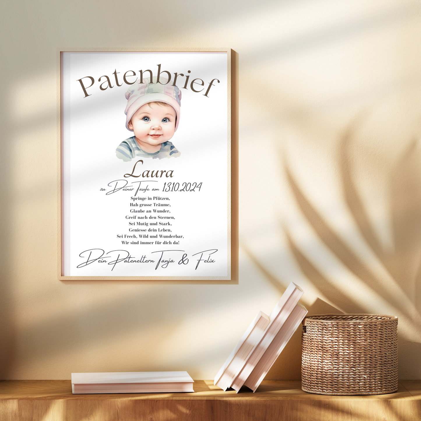Personalisierter Patenbrief als digitaler Download – Name, Datum & Text individuell. Sofort ausdrucken, einrahmen & verschenken.
