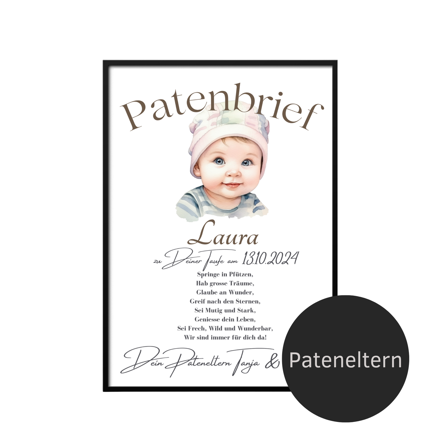 Personalisierter Patenbrief als digitaler Download – Name, Datum & Text individuell. Sofort ausdrucken, einrahmen & verschenken.
