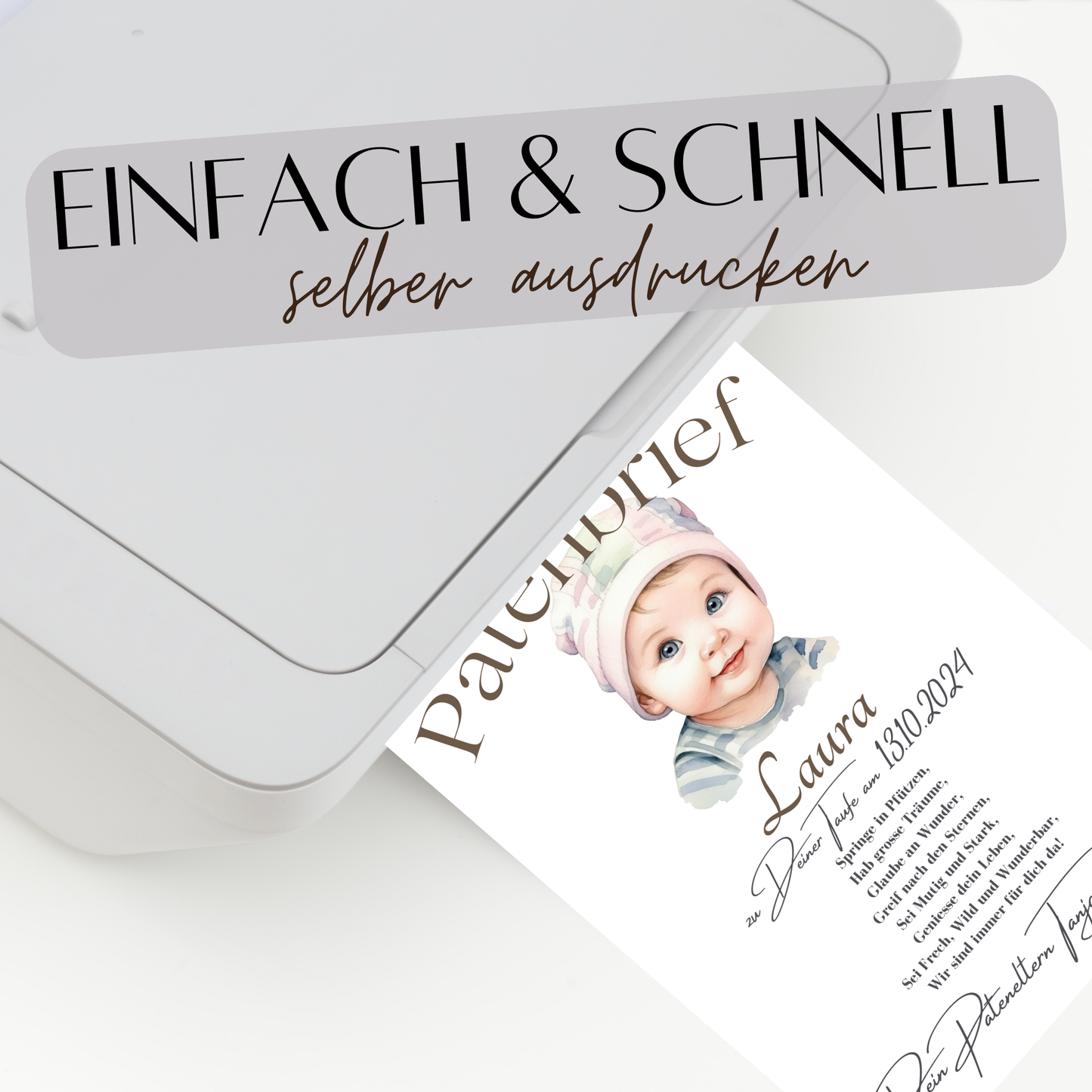 Personalisierter Patenbrief als digitaler Download – Name, Datum & Text individuell. Sofort ausdrucken, einrahmen & verschenken.