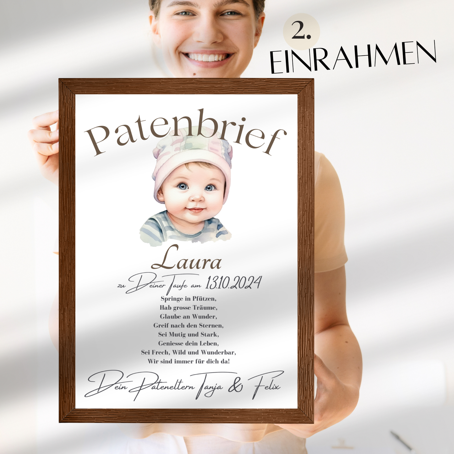 Personalisierter Patenbrief als digitaler Download – Name, Datum & Text individuell. Sofort ausdrucken, einrahmen & verschenken.