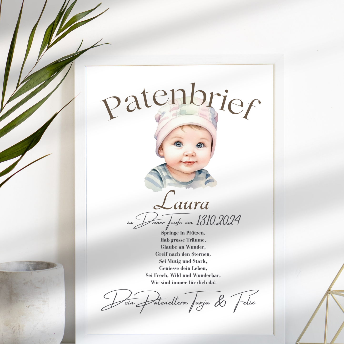 Personalisierter Patenbrief als digitaler Download – Name, Datum & Text individuell. Sofort ausdrucken, einrahmen & verschenken.