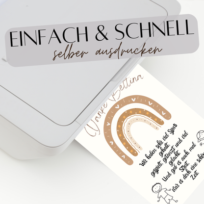 Personalisierbares Abschiedsgeschenk für Erzieherinnen mit Regenbogen-Motiv in Braun. Digitaler Download (DIN A4) – einfach ausdrucken, einrahmen & verschenken. Last Minute Geschenkidee für Kita & Kindergarten.