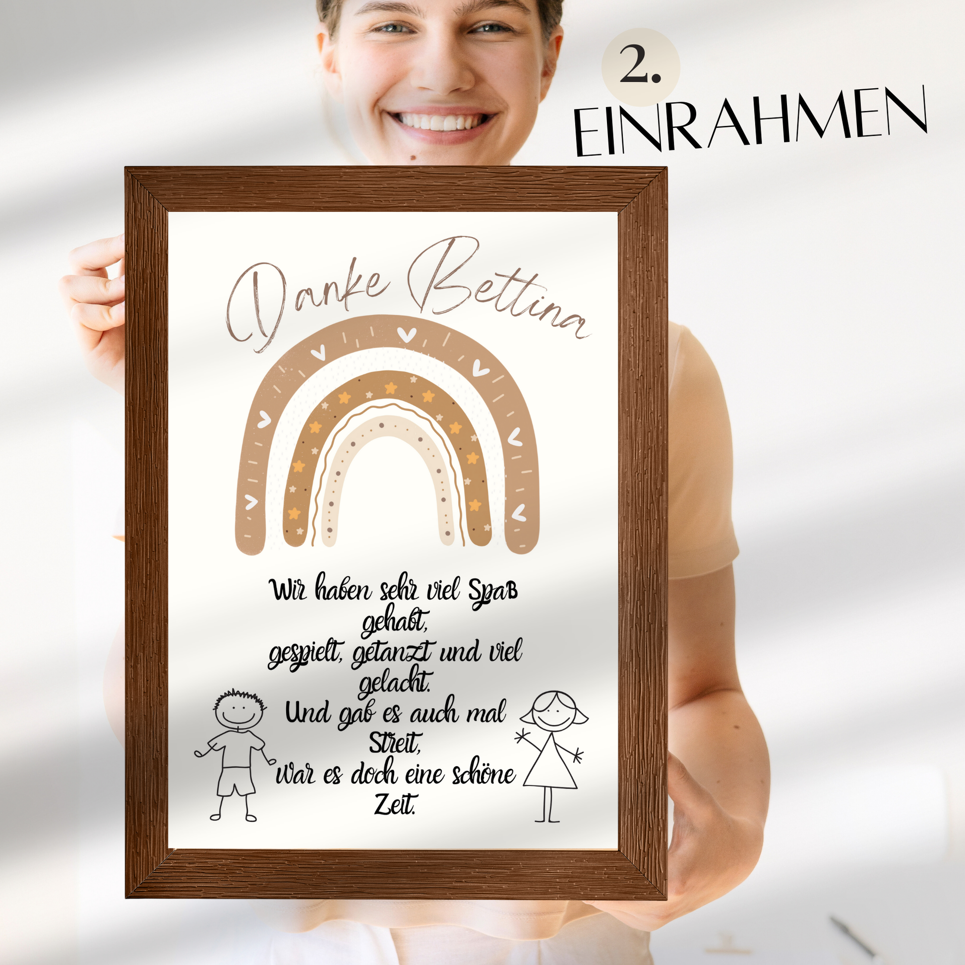 Personalisierbares Abschiedsgeschenk für Erzieherinnen mit Regenbogen-Motiv in Braun. Digitaler Download (DIN A4) – einfach ausdrucken, einrahmen & verschenken. Last Minute Geschenkidee für Kita & Kindergarten.