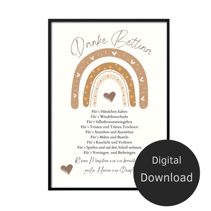 Personalisierbares Danke Poster für Erzieher/in. Digitaler Download – sofort ausdrucken & verschenken. Perfektes Abschiedsgeschenk Kindergarten.