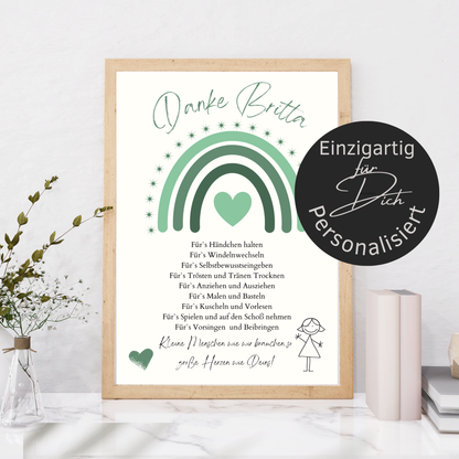 Personalisiertes Abschiedsgeschenk Erzieherin/Erzieher – Danke Poster Regenbogen Grün | Digitaler Download | Last Minute Geschenk zum Ausdrucken.