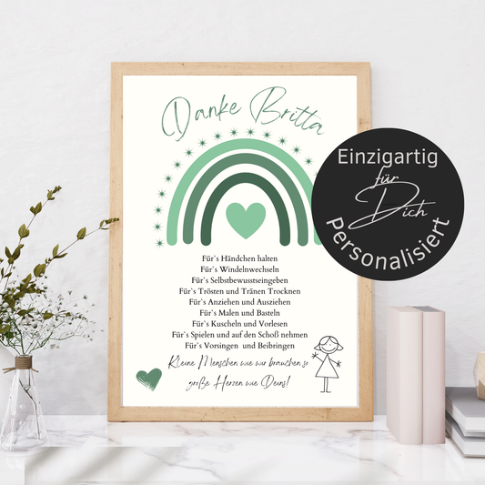 Personalisiertes Abschiedsgeschenk Erzieherin/Erzieher – Danke Poster Regenbogen Grün | Digitaler Download | Last Minute Geschenk zum Ausdrucken.