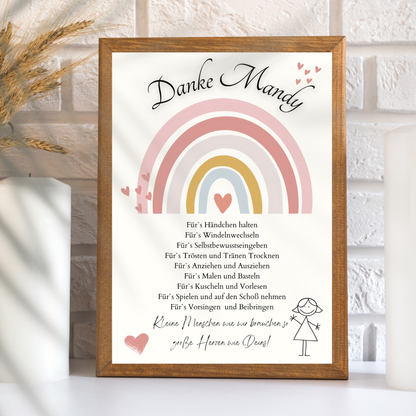 Personalisierbares Abschiedsgeschenk Erzieherin/Erzieher – Rosa-Regenbogen-Danke-Poster als Digitaler Download, DIN A4. Perfekt als Last-Minute-Geschenk.