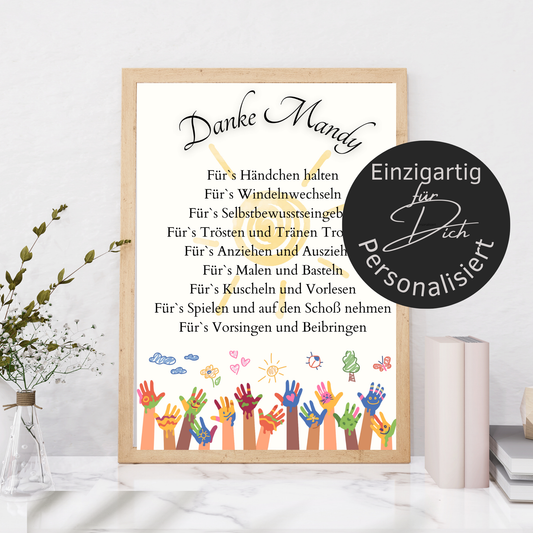 Personalisiertes Danke-Poster zum Abschied einer Erzieherin/ eines Erziehers. Bunte Kinderhände, Digitaler Download A4 – Last-Minute Geschenkidee.