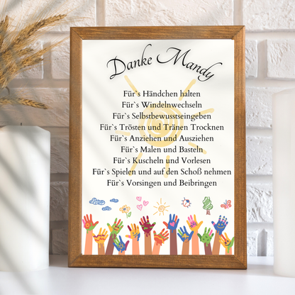 Personalisiertes Danke-Poster zum Abschied einer Erzieherin/ eines Erziehers. Bunte Kinderhände, Digitaler Download A4 – Last-Minute Geschenkidee.