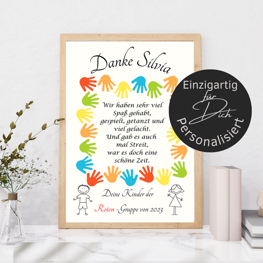 Personalisierbares Abschiedsgeschenk für Erzieher/in mit bunten Kinderhänden als PDF-Download. Last-Minute-Dankeschön zum Ausdrucken.