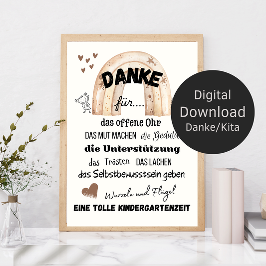 Liebevolles Abschiedsgeschenk für Erzieherin: Digitaler Download im Regenbogen-Design zum Ausdrucken. Danke Kita Poster – Last-Minute Geschenkidee!